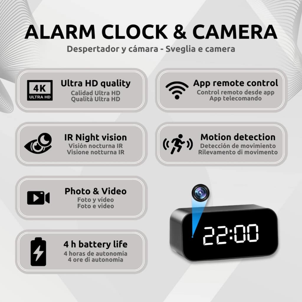 Despertador Cámara Espía Wifi 4K IP36W Características