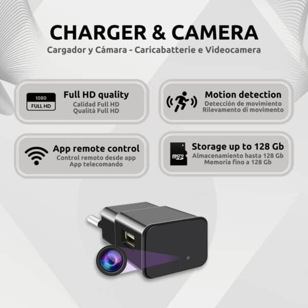 Cargador Cámara Espía Full HD Wifi Rectangular Características